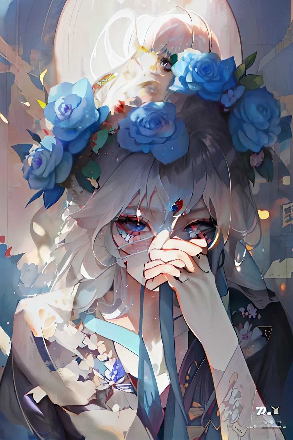There is a woman with a blue flower crown on her head, guweiz, Guweiz style artwork, A masterpiece by Guwiz, beautiful anime artwork, beautiful anime art, Anime art wallpaper 4k, Anime art wallpaper 4k, Digital art on Pixiv, digital anime art, a beautiful anime portrait, Anime art wallpaper 8 K