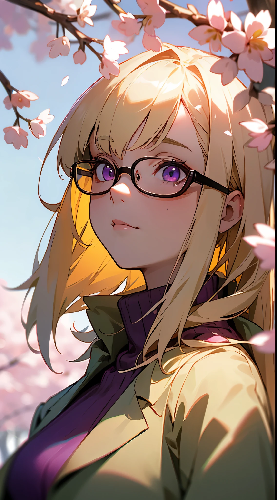 An 18-year-old woman、a blond、blunt bang cut, Straight hair、Purple eyes、Dark green jacket、White Turtleneck Shirt、Gray slacks、Red-rimmed glasses、look to the left front、Soft lighting that illuminates your face、A park where cherry blossoms bloom、blue-sky、depth of fields、Blur the background a bit、upper body close - up
