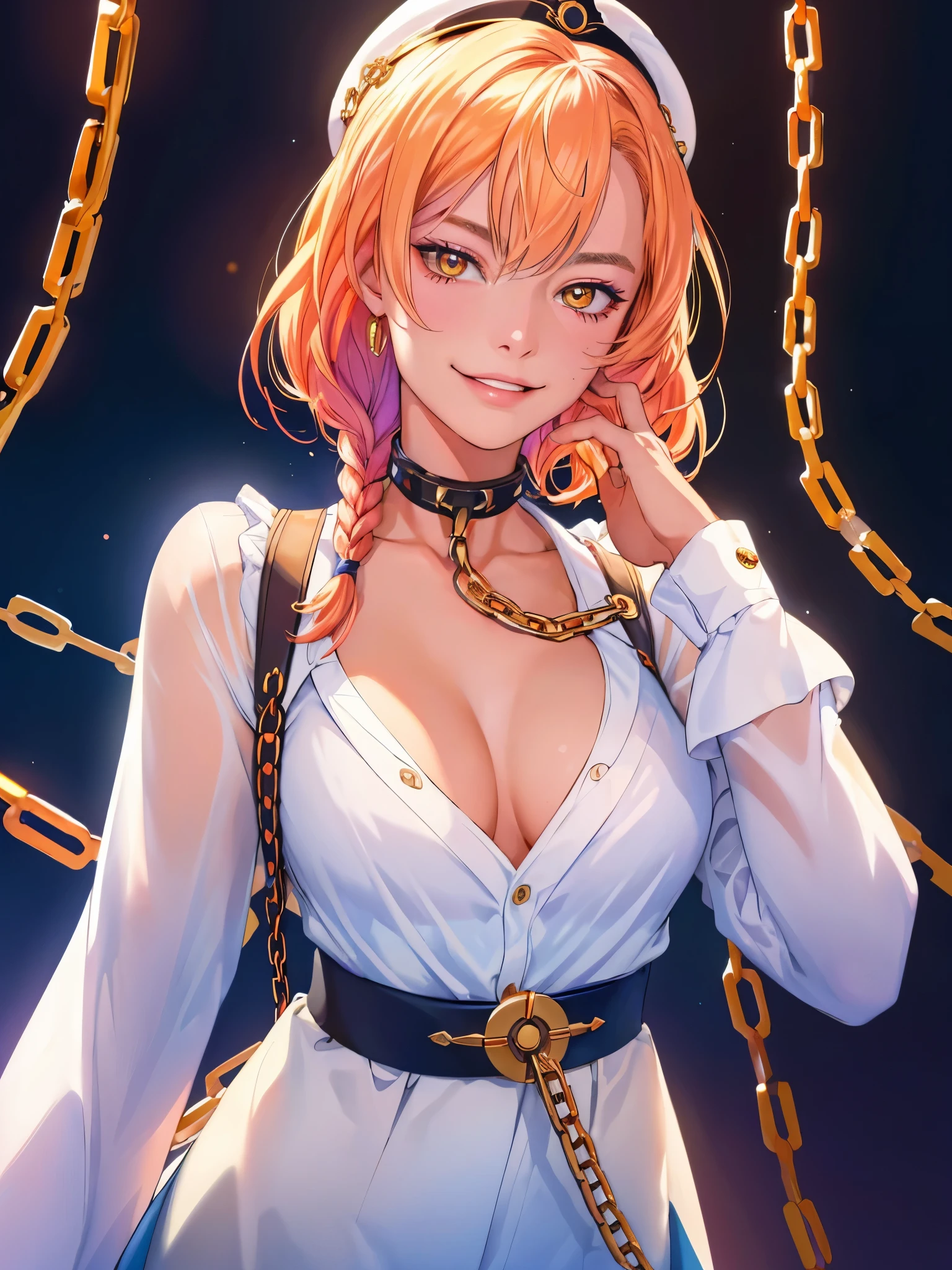 Makima (makima) with margot robbie (Margot Robbie) faces of (chainaw man), Best quality at best, ultra - detailed, 1 girl, Alone, Permanent, redheadwear, long braid, gold eyes, By bangs, medium, white shirt, tiese, Behold the, ssmile, (Bad: 1.2), Behold theing at the viewer, (Interview: 1.3), (deep dark background, chain: 1.3), from the above, criando um contraste impressionante, 美丽细致的眼睛, focal point, Close-up Shot Shot