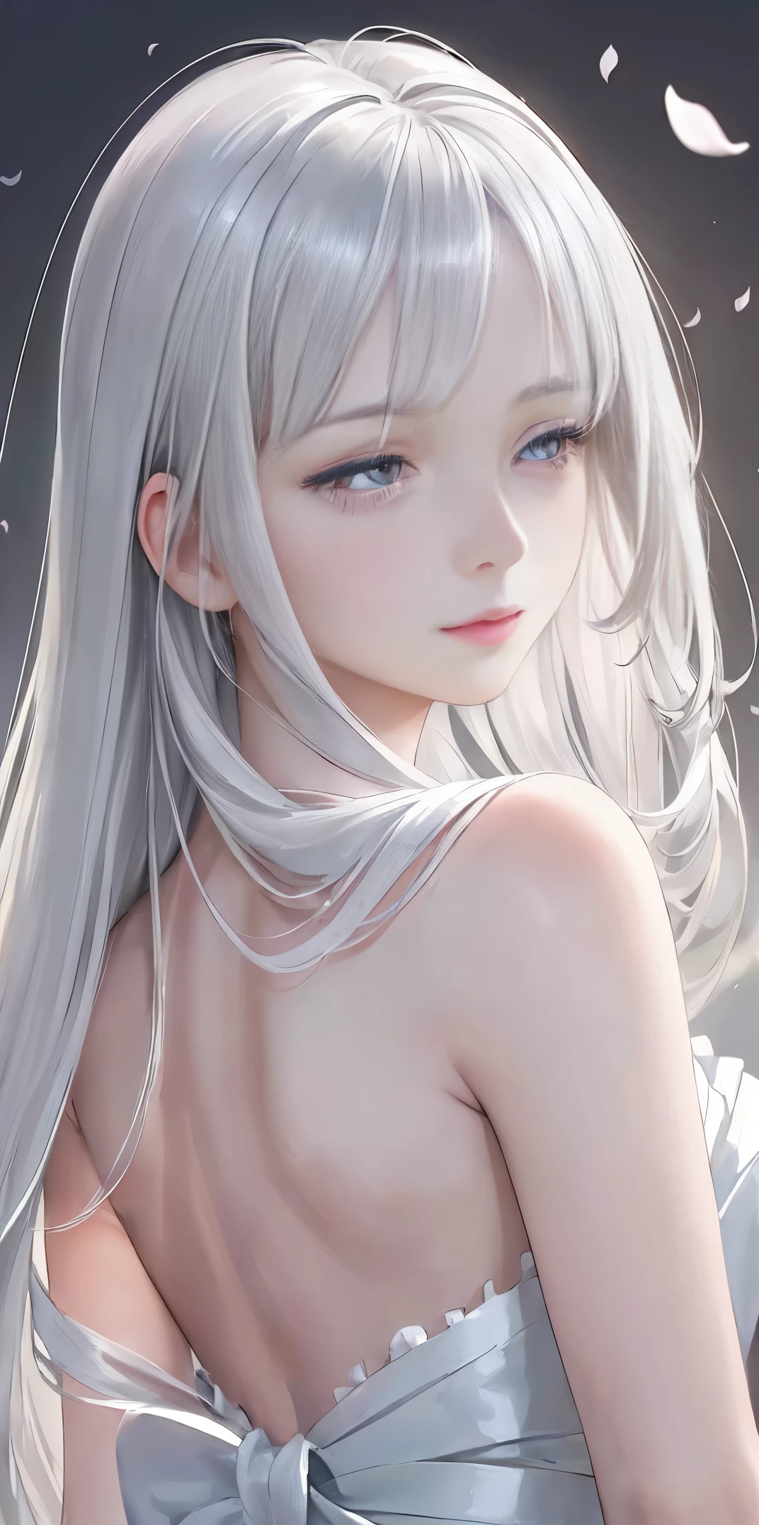 a beautiful woman with long white hair, standing on a sandy beach by the ocean, serene expression, cinematic lighting, highly detailed, oil painting, vibrant colors, dramatic atmosphere, photorealistic, (best quality,4k,8k,highres,masterpiece:1.2),ultra-detailed,(realistic,photorealistic,photo-realistic:1.37),beautiful detailed eyes,beautiful detailed lips,extremely detailed eyes and face,longeyelashes