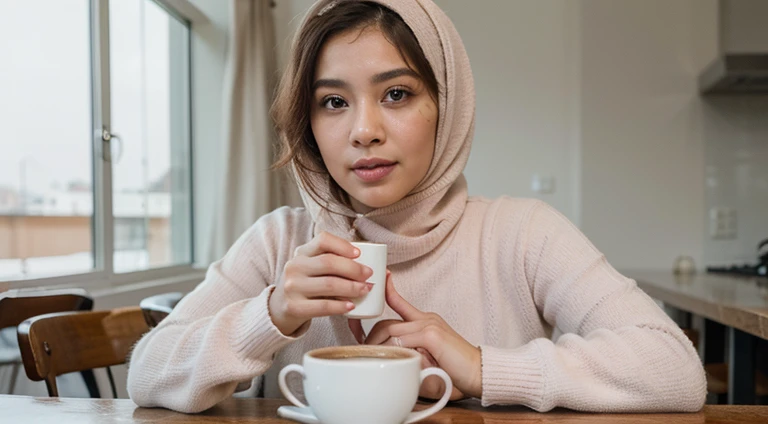 ((best quality)), ((masterpiece)), (detailed), perfect face, Malay female, stunningly beautiful, 41 years old, wearing full covered hijab and pink loose sweater, enjoying coffee in a classy cafe