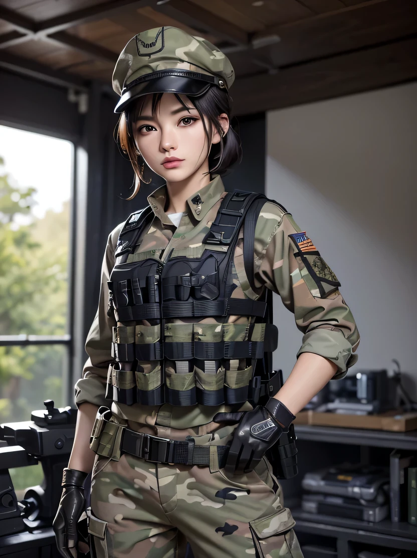 ((masterpiece、top-quality、realisitic、ultra-detailliert、hight resolution、Photorealsitic、foco nítido))、Stunning portrait of a beautiful woman、cowboy shot、Focus from the waist up、a matural female、big eye、A detailed eye、A dark-haired、short cropped hairstyles、military hat、Army camouflage uniform、Camouflage Tactical Vest、Long trousers with camouflage pattern、Combat gloves、rucksack、Black Military Undershirt、Tanks on the background、White smoke、Detailed hand depiction
