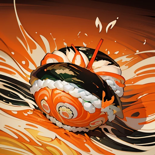 A large sushi girl serving large soba noodles flies、Amazing dynamism、Amazing Angle、A sandstorm of overwhelming buoyancy、((((surround each other'seafood chirashi sushi))))((((A lot of friendly sushi obi floating and chasing each other.))))