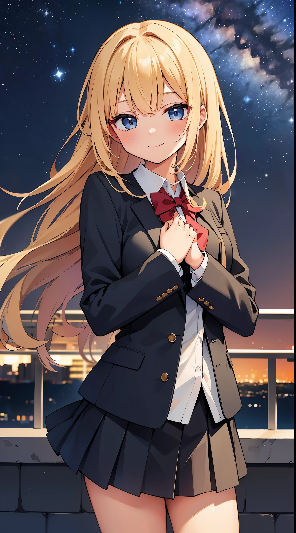 (in 8K, Raw photography, Best Quality, masutepiece: 1.2), high-definition RAW color photography, Professional photography, Cinematic Light, (1girl in), Solo, ((a blond, inner colored hair)), hair messy, slenderbody, ((a smile)), full-face blush, School uniform, Collared shirt, blazers, Long sleeves, , a black pleated skirt, (((Hands fold under the chest))), Observation Deck, Night, Night view, Spreading night view, ((The Expanding Milky Way, Beautiful starry sky)), Face close-up shot,