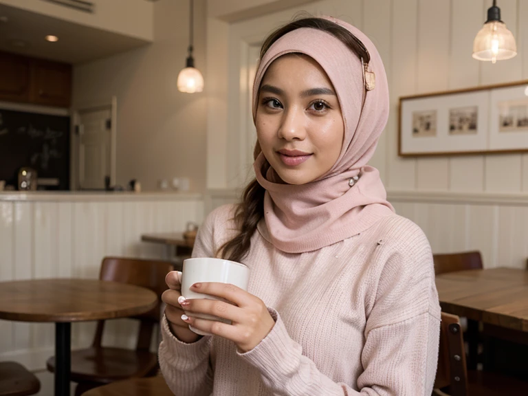 ((best quality)), ((masterpiece)), (detailed), perfect face, Malay female, stunningly beautiful, 41 years old, wearing full covered hijab and pink loose sweater, enjoying coffee in a classy cafe