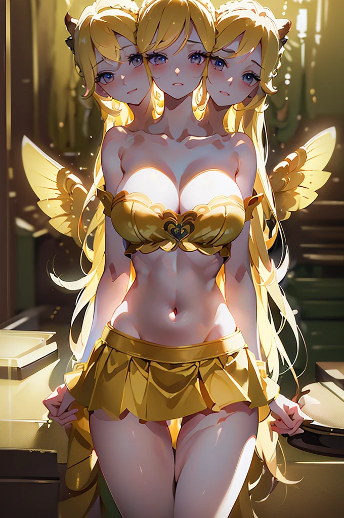 (masterpiece, best quality),best quality, best resolution, (ultra-detailed), (4heads:1.5), 1girl, (lily white:1.3), masterpiece, best quality, white top, crop top, ((stomach)), midriff, ((groin)), white skirt, normal ears, shackles, yellow hair, very long hair, wavy hair, sidelocks, blue eyes, parted lips, single horn, sweat, cute, toned belly, hand on own chest, eyelashes, (23 year old woman:1.3), (masterpiece:1.4), (best quality:1.4), (beautiful detailed extremely detailed CG, extremely delicate and beautiful, depth of field, (finely detailed face), (perfect details:1.1), (mature female:1.3), wide pelvis, slender, large veiny breast, 8k resolution, high quality, high definition, extremely detailed, masterpiece, best quality, yellow hair, long hair, alluring presence, braid, short skirt, close up, big tits, young, fairy wings,