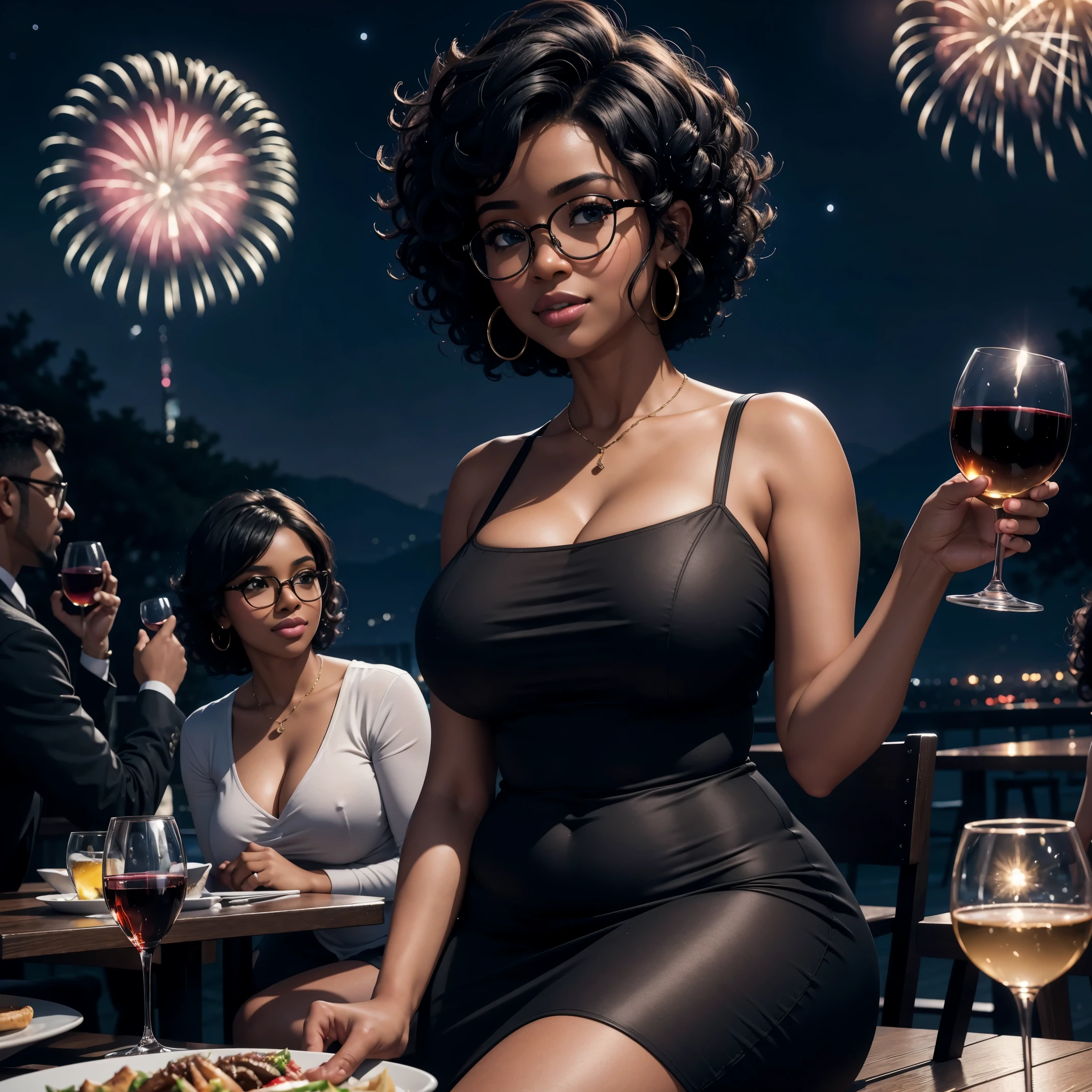 8k, ultra high definition, unreal engine, ultra detailed, ultra high resolution, ultra focus, beautiful voluptuous girl, black girl, round face, curvy body, short curly hair, dark skin, glasses, wearing casual clothes, sitting in front restaurant, sipping a glass of wine, 31st night, people in the background enjoying themselves, night sky, fireworks, detailed background, joyous occasion, new year celebration,