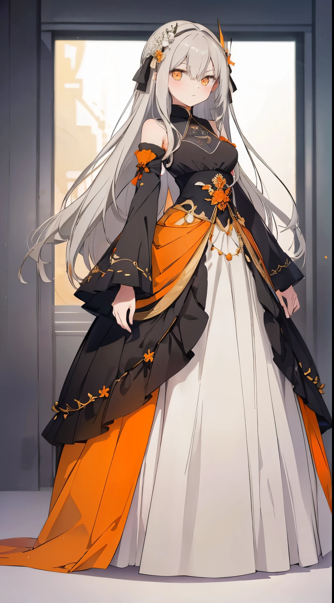 super precision,​masterpiece, top-quality,(Full body like),One girl,a beauty girl, girl,(Look here),Beautiful face,(((Light gray hair))),(Orange Eyes),detailed slanted eyes,cool expression,She has an orange, white and black wedding dress,Gold embroidery,Ren Hao,Slender figure,tiny chest,black backgrounds,