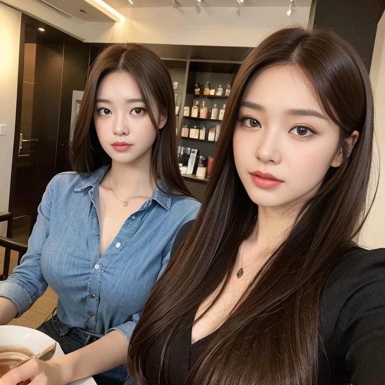 Realistic lighting, Best quality, 8K, Masterpiece: 1.3)), Clear focus: 1.2, 1girl, Perfect beauty: 1.4, Big breasts: 1.2, Slim abs: 1.1, ((dark brown hair)), (daytime clothes), (inside), daytime: 1.1), coffee shop, Super fine face, fine eyes, Double eyelids, full body picture