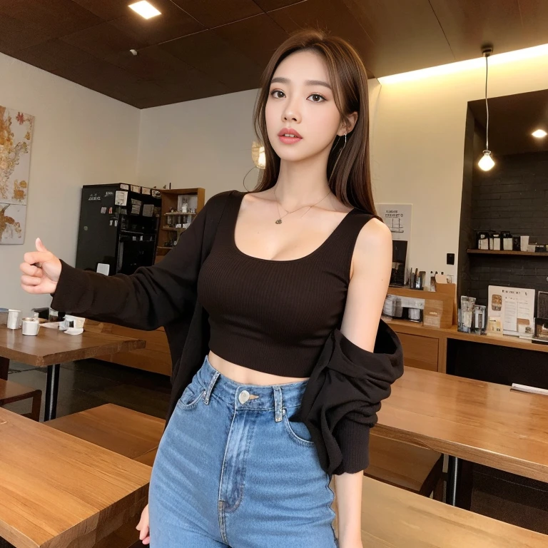 Realistic lighting, Best quality, 8K, Masterpiece: 1.3)), Clear focus: 1.2, 1girl, Perfect beauty: 1.4, ???????????: 1.2, Slim abs: 1.1, ((dark brown hair)), (daytime clothes), (inside), daytime: 1.1), coffee shop, Super fine face, fine eyes, Double eyelids, full body picture