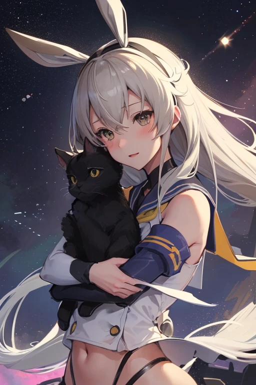 hyper detailed, perfect anatomy, extremely detailed and delicate, 1 girl, shimakaze(kancolle), 1 black cat, night sky, stars, milkyway, hugging a black cat,
