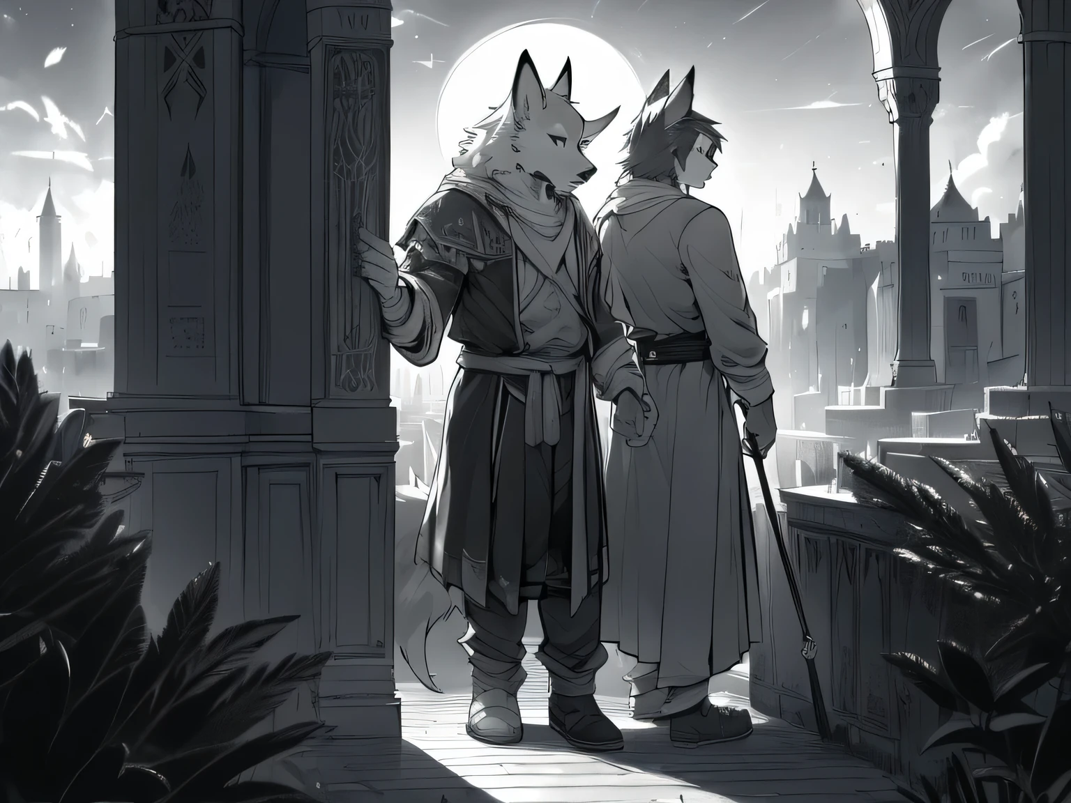 A wolf looking off towards sunset, longing, melancholy, beautiful, morocco architecture, unforgettable moment, lineart, (monochrome), (manga), anime, masterpiece, 8K, Magic fantasy 3D concept art, Amazing concept art, illustration, Cinematic scene, hero view, best quality, high quality, highres, greg rutkowski, neowrsk, Tsukasa Abe