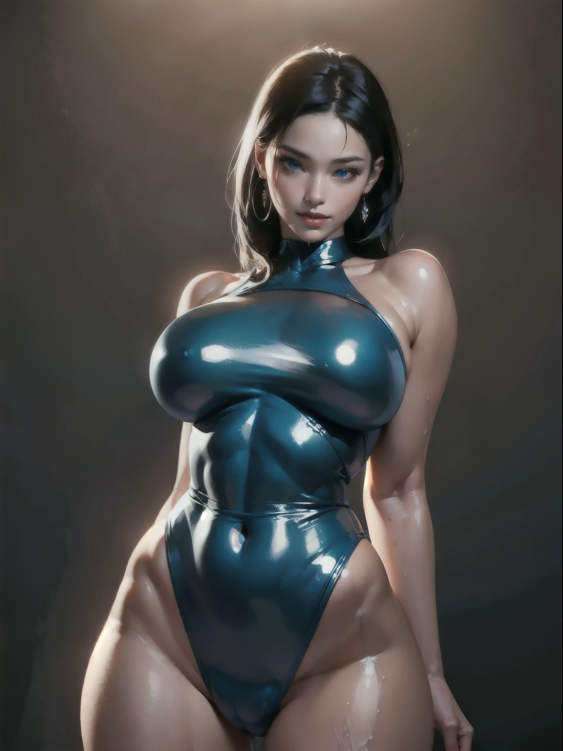 Realistic Huang Tingting, Delicate and messy short black hair, The middle view is, delicate skin, Detailed body, Muscular, Alone, Slip on a gleaming latex shiny leather bondage suit, humongous large breast, Thigh thick, Wide hips, Muscular的手臂, 占有量ulging veins in body, vein, muscle veins, Abs, Thigh thick, eBlue eyes, Natural skin texture, skin detailed, Skin glows, Skin glows, Wet skin, soaking, Skin glows, oilly skin, in the mediterranean, hight contrast, Realistic skin, skin pore, intricately details, with black background, hight contrast, Realistic skin, skin pore, intricately details, RAW photos, , glossy lips, lusciouslips, pretty nose, lifelike rendering, Immersive atmosphere, lightand shade contrast, Moody light, Perfect female body, Realistic skin, skin pore