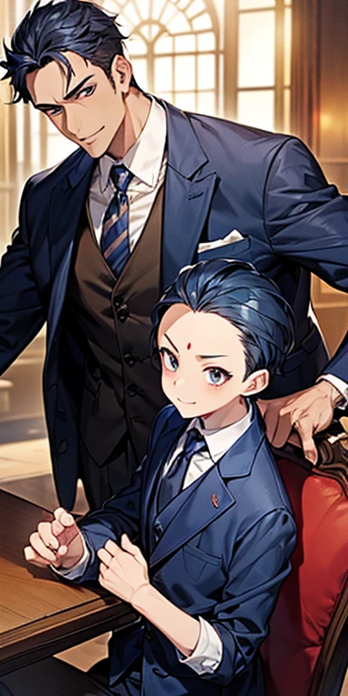 ((masutepiece)), ((Best Quality)), ((Brown skin)), ((Dark blue eyes)), ((Dark blue hair))、Handsome man , ((Very short hair、Forehead)), masculine、tall、A sexy、 man、Sanpaku eyes、Suits、handsome man、Shigeru Koura、Firmly、well-muscled、broad shoulders、Invincible smile、Allback