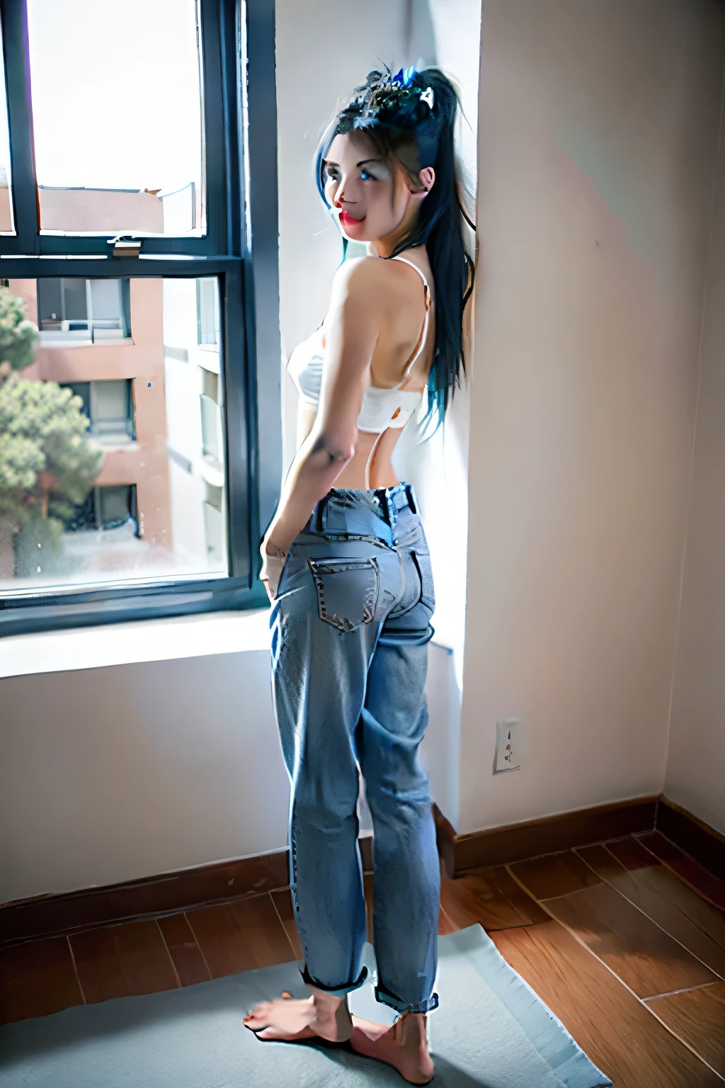 22 year old blue hair model, se encuentra en el dormitorio con pantalones de yoga blancos y sin camisa