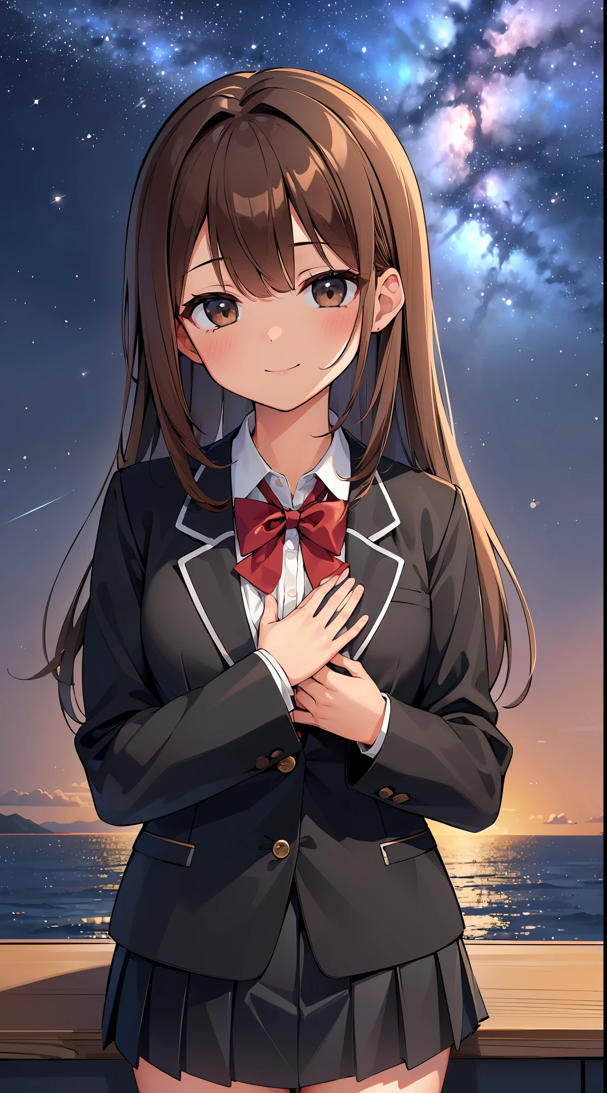 (in 8K, Raw photography, Best Quality, masutepiece: 1.2), high-definition RAW color photography, Professional photography, Cinematic Light, (1girl in), Solo, ((Brown hair, inner colored hair)), hair messy, slenderbody, ((a smile)), full-face blush, School uniform, Collared shirt, blazers, Long sleeves, , a black pleated skirt, (((Hands fold under the chest))), Observation Deck, Night, Night view, Spreading night view, ((The Expanding Milky Way, Beautiful starry sky)), Face close-up shot,
