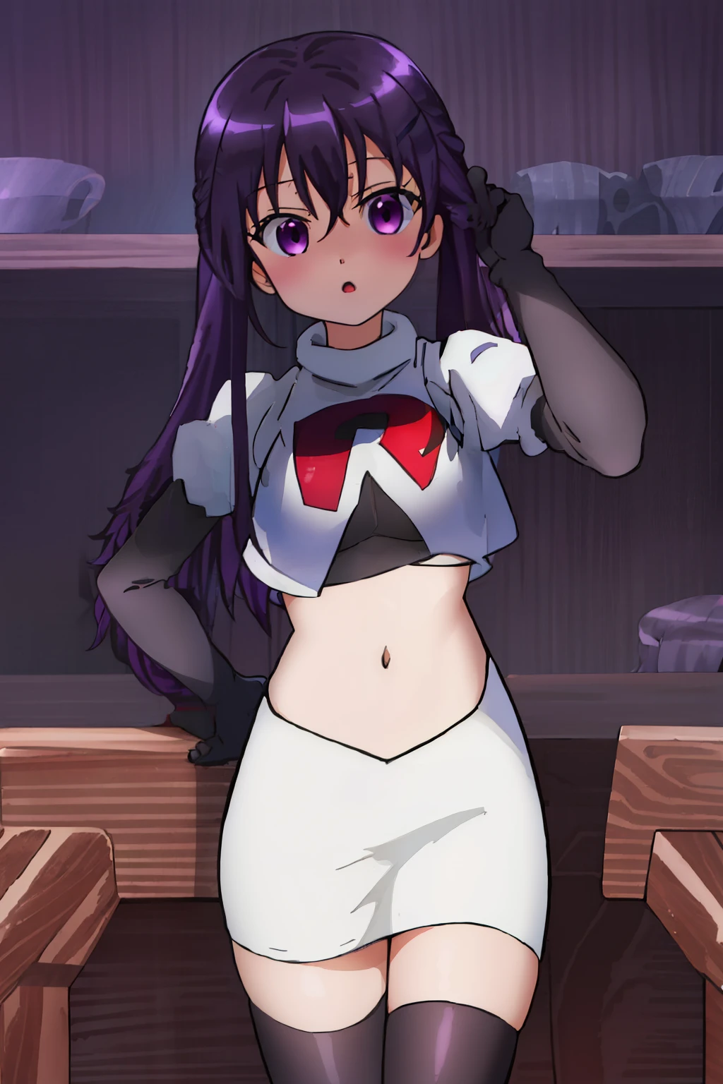 best quality, masterpiece, highres, solo, {tedeza_rize_istheorderarabbit:1.15}, purple_hair, long_hair, twintails, purple_eyes, bangs, hair_ornament, blush, hairclip, hair_between_eyes, :o,shiny, shiny_hair, breasts, team rocket,team rocket uniform,white skirt,red letter R,crop top,black thigh-highs,black elbow gloves