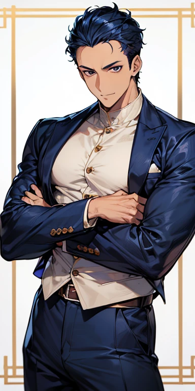 ((masutepiece)), ((Best Quality)), ((Brown skin)), ((Dark blue eyes)), ((Dark blue hair))、Handsome man , ((Very short hair、Forehead)), masculine、tall、A sexy、 man、Sanpaku eyes、Suits、handsome man、Shigeru Koura、Firmly、well-muscled、broad shoulders、Invincible smile、Allback