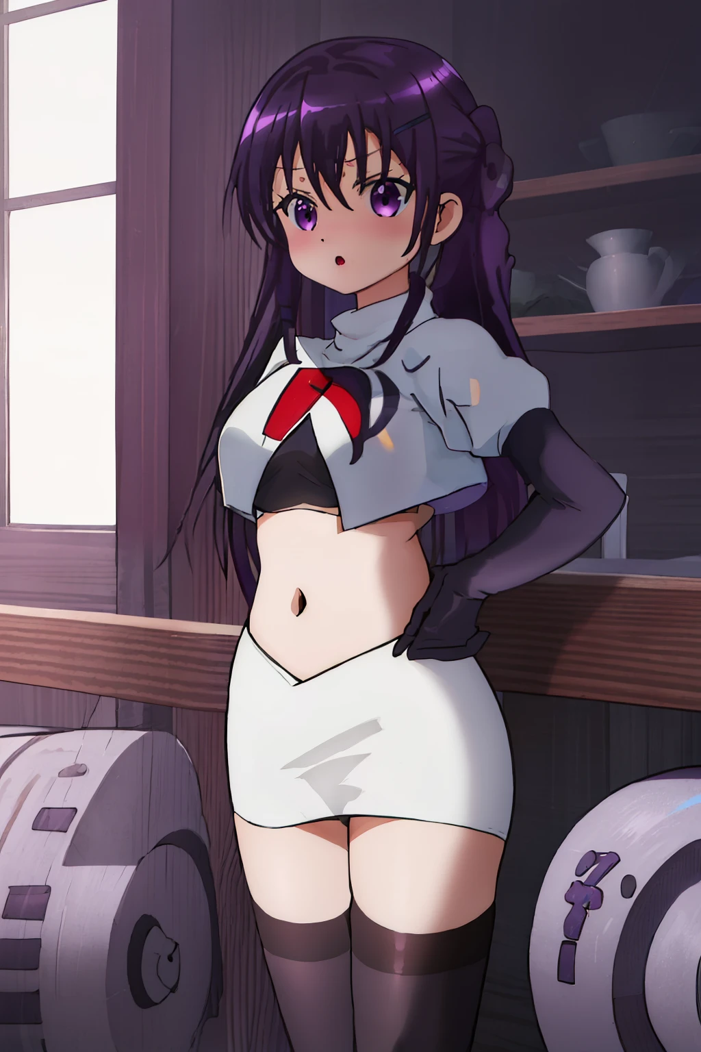 best quality, masterpiece, highres, solo, {tedeza_rize_istheorderarabbit:1.15}, purple_hair, long_hair, twintails, purple_eyes, bangs, hair_ornament, blush, hairclip, hair_between_eyes, :o,shiny, shiny_hair, breasts, team rocket,team rocket uniform,white skirt,red letter R,crop top,black thigh-highs,black elbow gloves