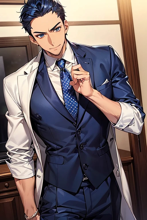((masutepiece)), ((Best Quality)), ((Brown skin)), ((Dark blue eyes)), ((Dark blue hair))、Handsome man , ((Very short hair、Forehead)), masculine、tall、A sexy、 man、Sanpaku eyes、Suits、handsome man、Shigeru Koura、Firmly、well-muscled、broad shoulders、Invincible smile、Allback
