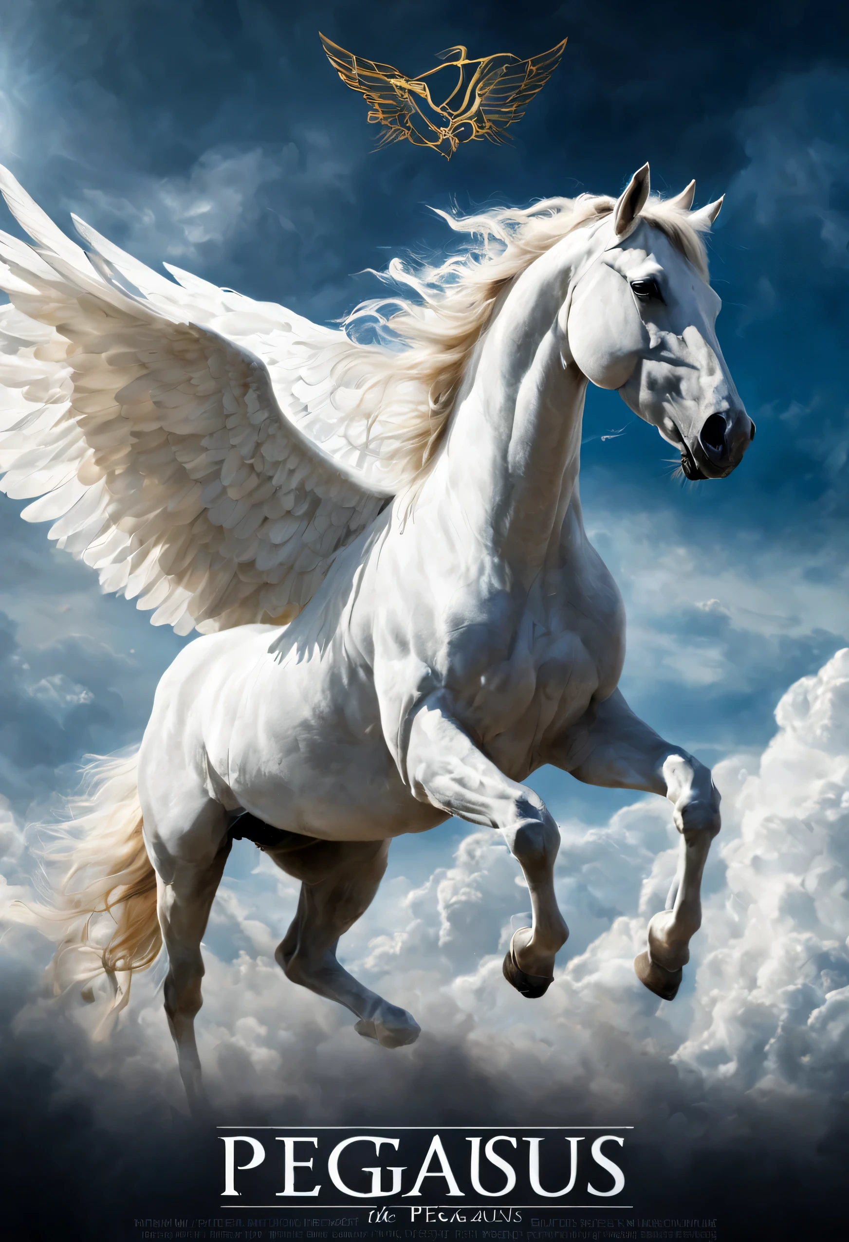 cinematic photo (movie poster with title banner text logo "PEGASUS":1.5), Pegasus through the clouds, by Rolf Armstrong and Evelyn De Morgan and Bastien Lecouffe-Deharme, dramatic lighting, high contrast colors, baroque, empyrean, panoramic view, as trending on Artstation, highly detailed, doom engine,, 35mm photograph, film, bokeh, professional, 4k, highly detailed