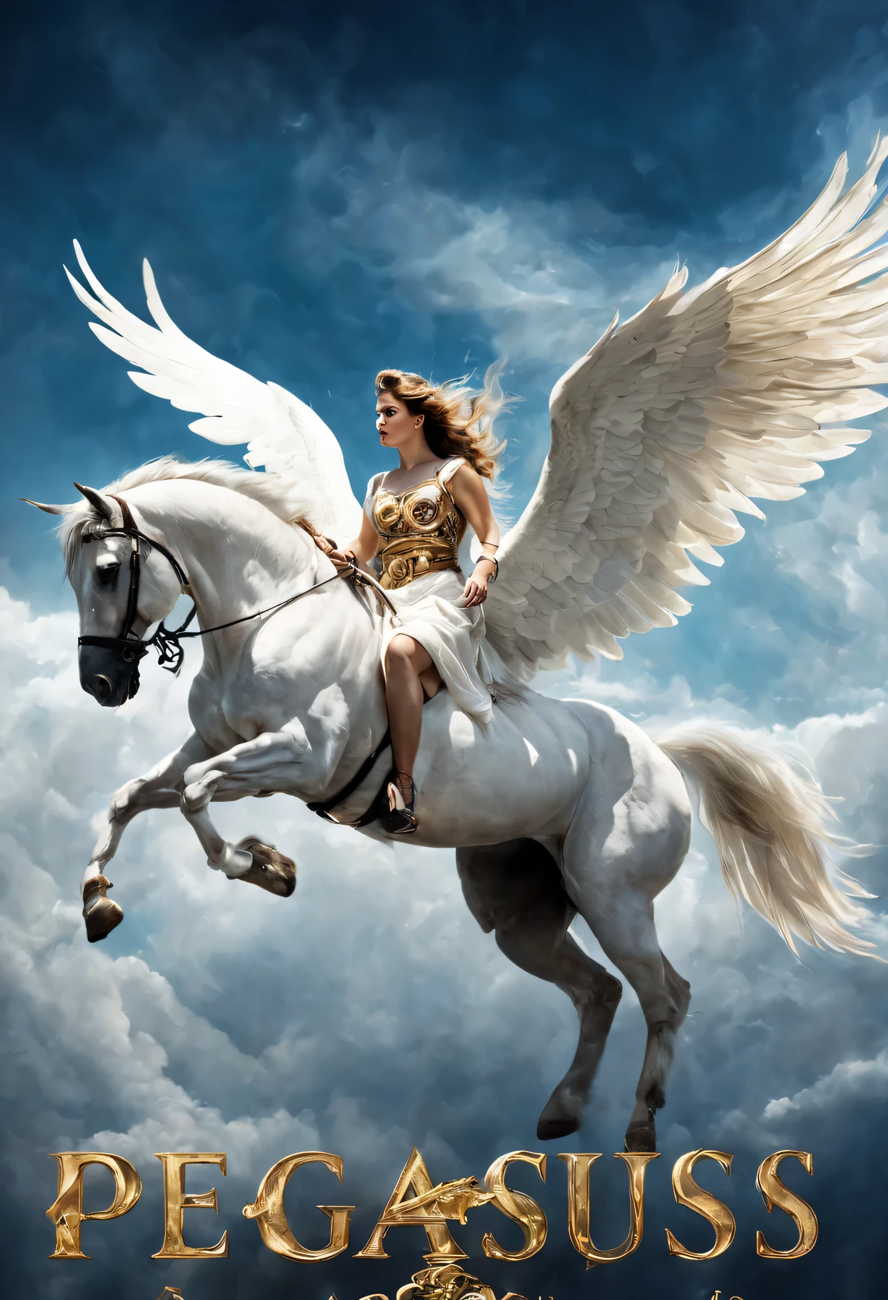 cinematic photo (movie poster with title banner text logo "PEGASUS":1.5), Pegasus through the clouds, by Rolf Armstrong and Evelyn De Morgan and Bastien Lecouffe-Deharme, dramatic lighting, high contrast colors, baroque, empyrean, panoramic view, as trending on Artstation, highly detailed, doom engine,, 35mm photograph, film, bokeh, professional, 4k, highly detailed