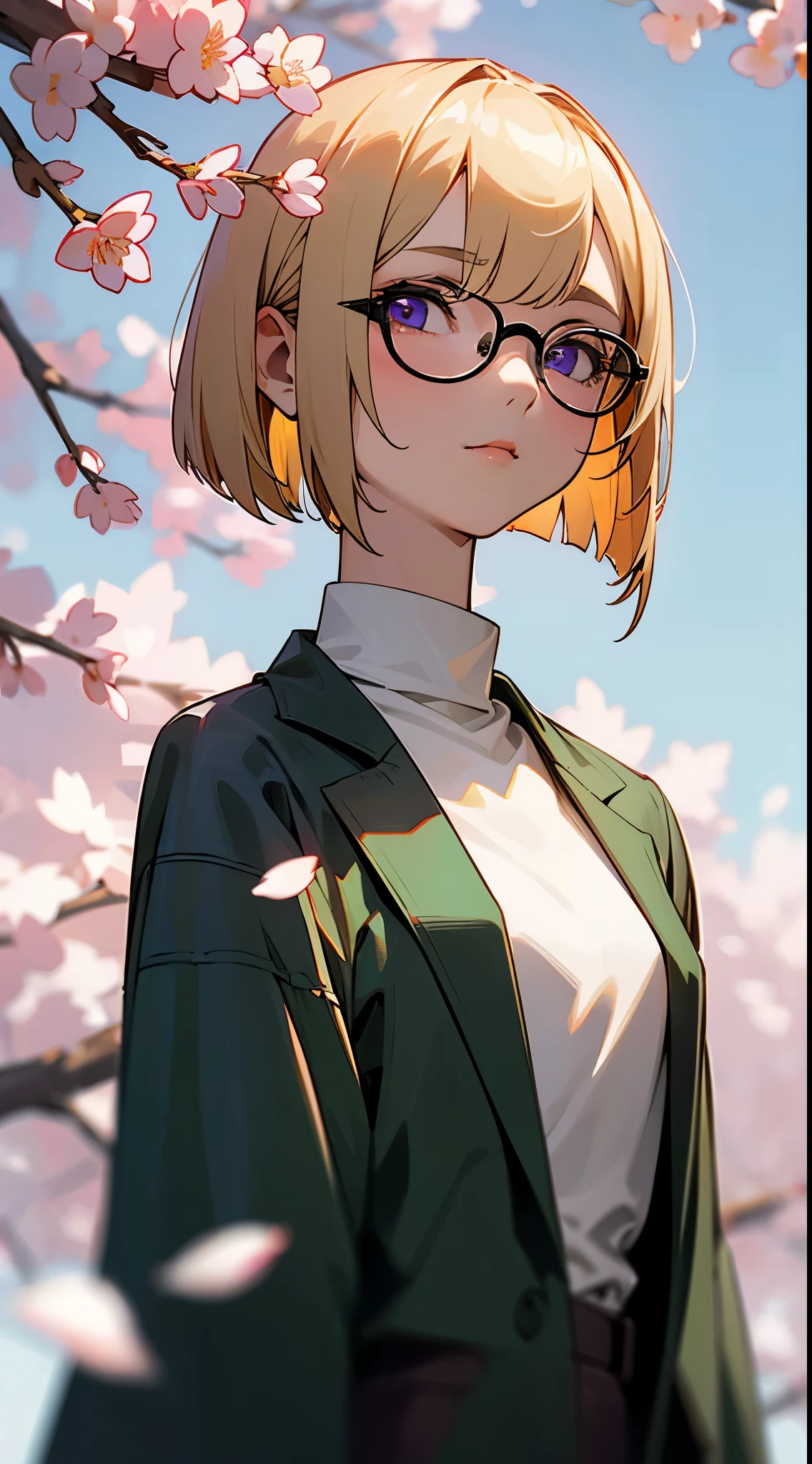 An 18-year-old woman、a blond、Short bob cut, Straight hair、Purple eyes、Dark green jacket、White Turtleneck Shirt、Gray slacks、Red-rimmed glasses、Distract your eyes from your audience、Soft lighting that illuminates your face、A park where cherry blossoms bloom、blue-sky、Slightly blur the background with depth of field、upper body close - up
