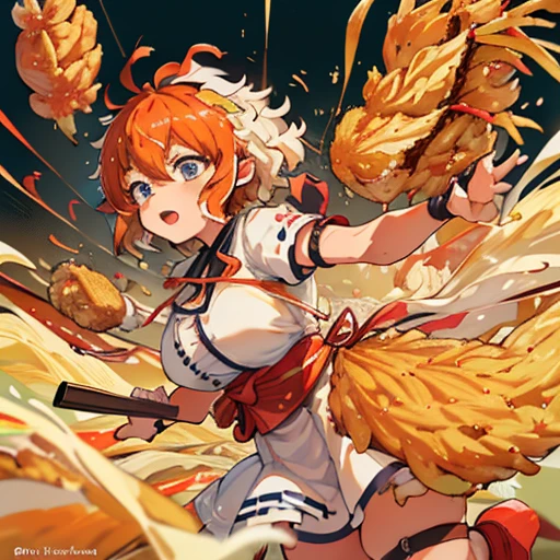 A yakitori girl who serves large soba noodles flies、Amazing dynamism、Amazing Angle、A sandstorm with overwhelming buoyancy、((((surround each other'french fries))))((((A lot of friendly fried chicken strips floating and chasing each other.))))