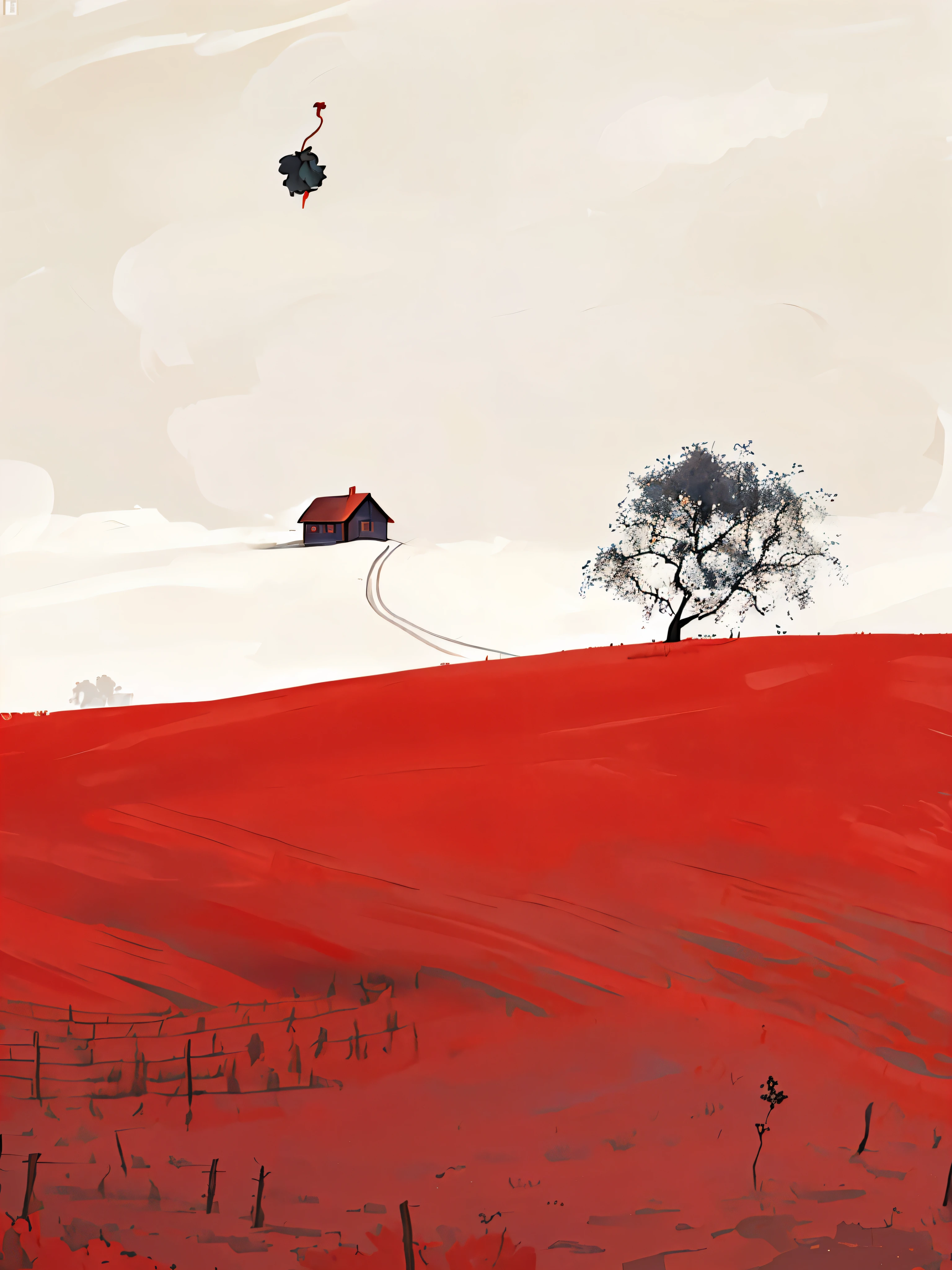 There is a red field,There is a lonely tree and a house, Inspired by Gediminas Pranckevicius, Inspired by Jakub Skaneder, author:Rainer Horsch, Surrealism Diminas Plankovich, author:Tadeusz Brzozowski, inspired author:Tadeusz Brzozowski