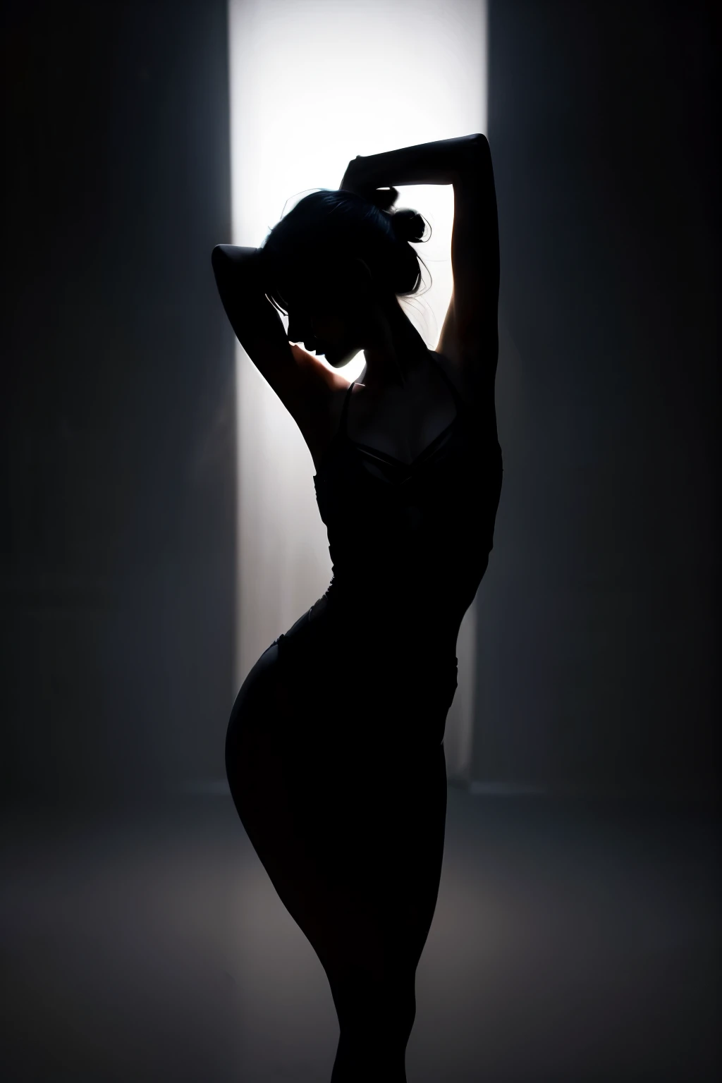 A graceful female silhouette, shows her body, less clothes, set against a deep black background. Her long, wavy hair cascades freely down her back. hard light highlights her form, creating a dramatic effect with pronounced shadows that emphasize her natural curves and beauty. The image should capture a sense of mystery and intimacy, using contrasts of light and shadow to accentuate the shapes and textures.