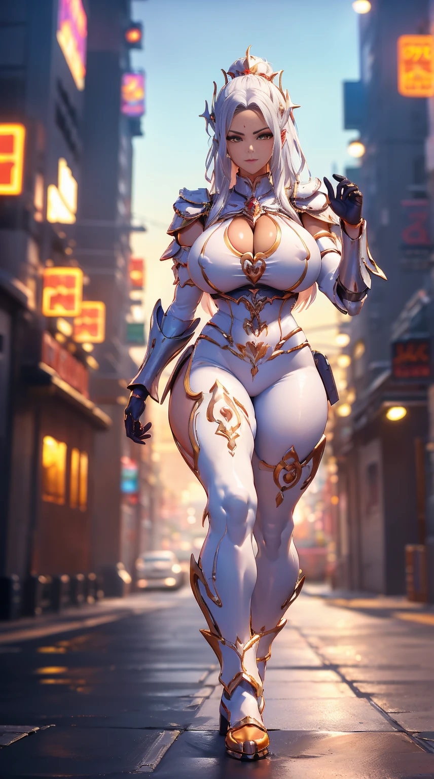 (dragon queen), Cola de caballo, (enormes tetas falsas:1.3), (Cara hermosa), (Blanco, naranja), (FONDO DE LA CIUDAD DE LA CALLE CYBERPUNK), (SUJETADOR CYBER MECHA), (escote), (pantalones de yoga ajustados a la piel), (tacones altos), (cuerpo perfecto:1.2), (Vista de cuerpo completo), (Mirando al espectador), (Caminando hacia abajo:1.3), cuerpo musculoso, abdominales musculares, UHD, 8k, 1080p.