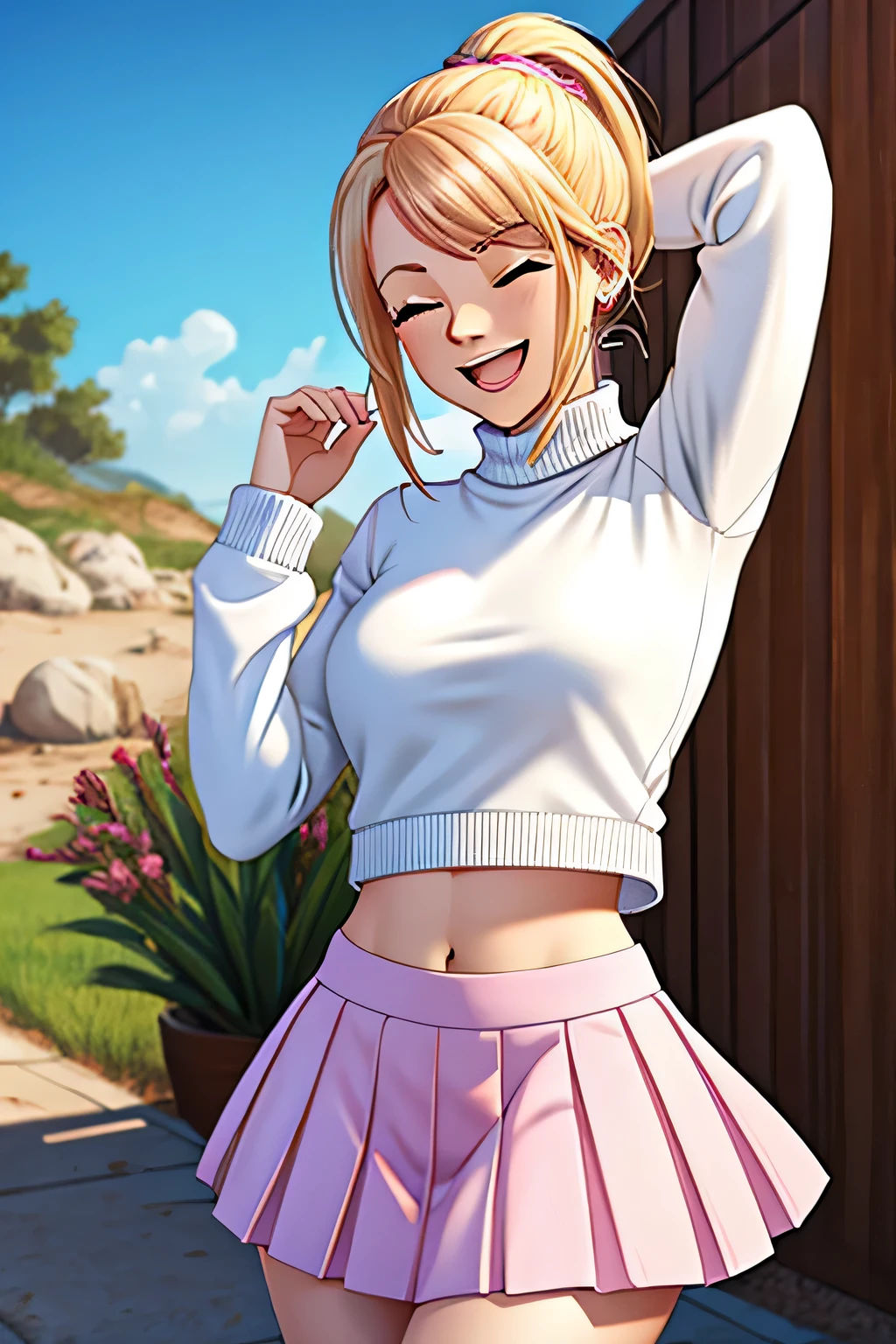 Indie game art,(full body wearing tight white sweater, showing midriff and pleated pink skirt, Cartoon style), Hand drawn, Technical illustration, Graphic design, blonde hair in a ponytail, pale skin, (eyes closed), (((laughing uncontrollably as she's being tickled)))