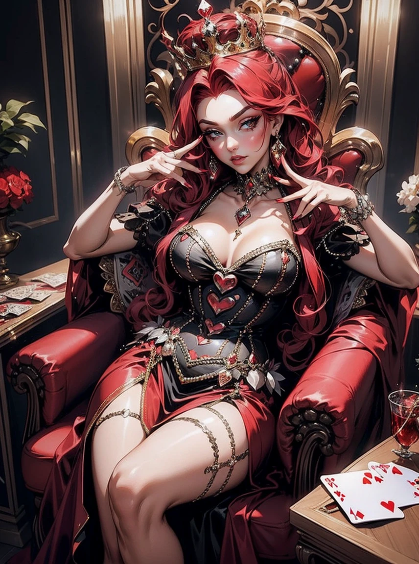 Em um luxuoso cassino, A stunning woman wears an exquisite dress adorned with heart symbols, embodying the royal presence of the Queen of Hearts. Surrounded by a backdrop of poker cards and chips, She exudes confidence and seduction, convidando os jogadores a testar sua sorte e habilidades no jogo de azar. com cabelos curtos, enrolados, cabelos vermelhos (queen of hearts), portrait