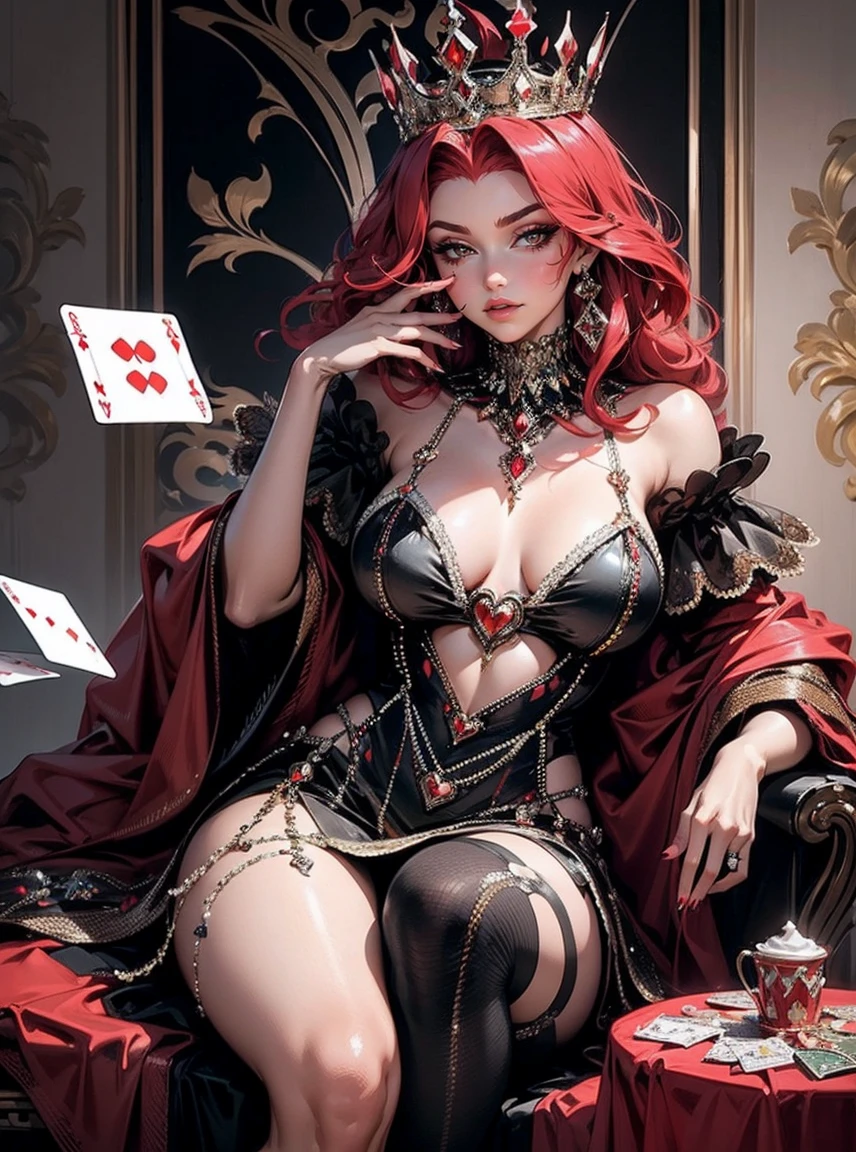 Em um luxuoso cassino, A stunning woman wears an exquisite dress adorned with heart symbols, embodying the royal presence of the Queen of Hearts. Surrounded by a backdrop of poker cards and chips, She exudes confidence and seduction, convidando os jogadores a testar sua sorte e habilidades no jogo de azar. com cabelos curtos, enrolados, cabelos vermelhos (queen of hearts), portrait