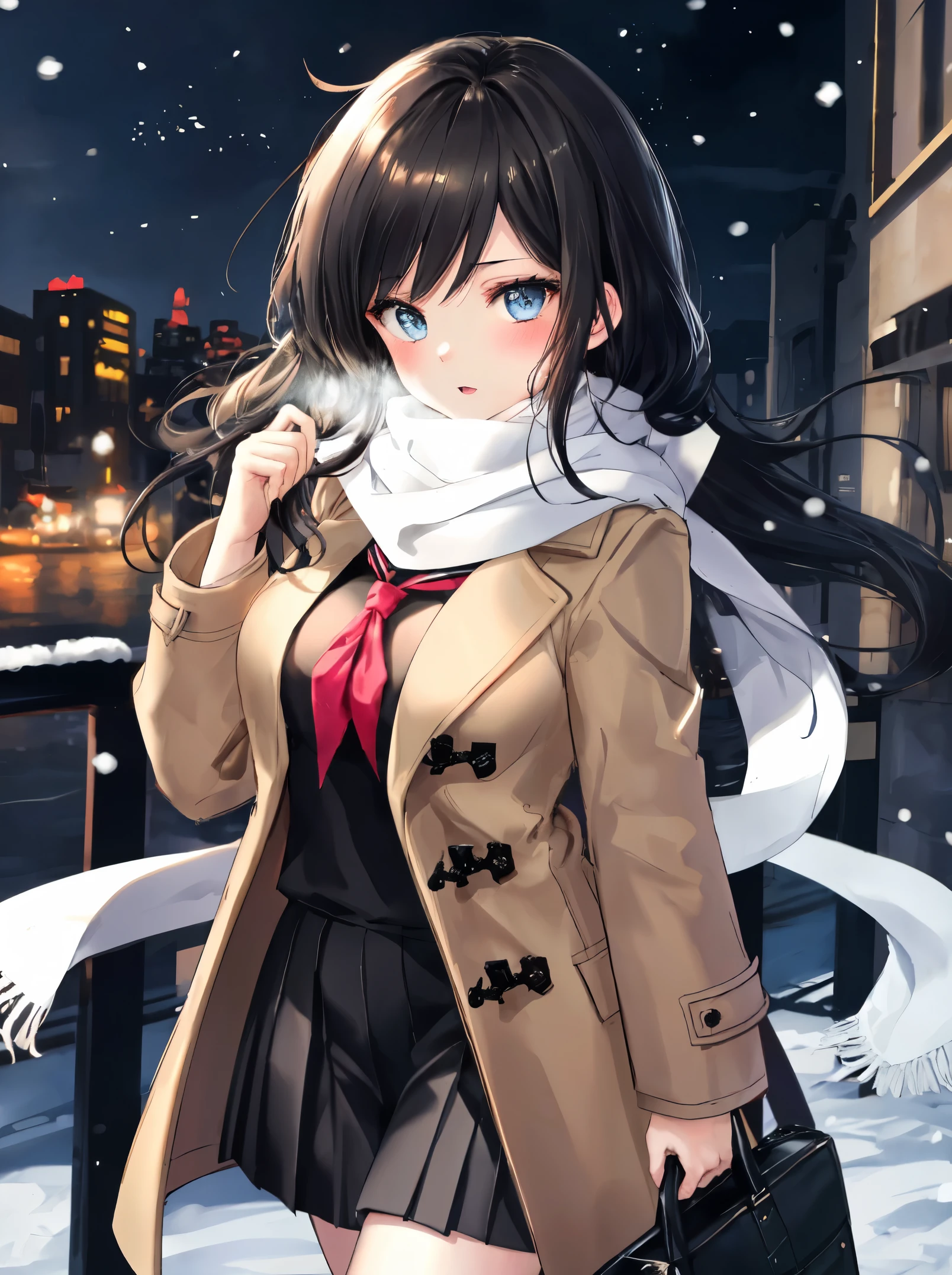 8k, (ultra-detailed:1.3, master piece:1.3, best quality:1.3, high resolution:1.3), 18year old, High school students, 1 person, a girl, beautiful face, large and beautiful breasts, Blue eyes, eyes in highlight, catch light eyes, specular highlight eyes, BREAK (long hair, pitch black hair:1.5), (black sailor uniform), Black pleated skirt, Separated uniforms, BREAK shoot from front, cowboy shot, (no hat:1.3), blush, BREAK Street, (walking), night, snowing, moon, BREAK Breathing white breath from cold, BREAK (light brown duffel coat, open the front of the coat), (white Scarf:1.3), BREAK (red neckerchief)