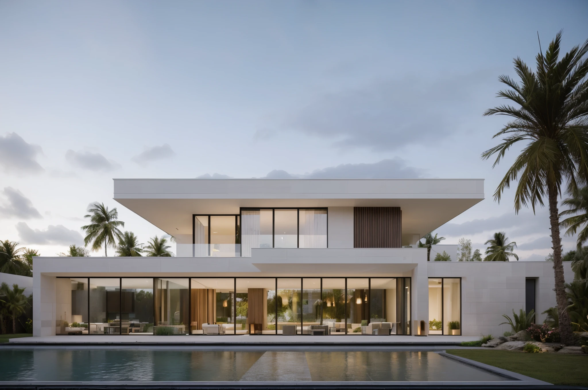 (masterpiece),(high quality), best quality, real,(realistic), super detailed,(full detail),(4k),8k,modern house exterior design,Modern architecture,white_house,Beautiful_sky,sunrise_light,(gentle light),((no_strong_contrast)), no_humans, outdoors,sky,((Tropical_trees)),Coconut_trees,Palm trees,Pool and Garden_flower_front_of_building,pool villa,(strong interior light),