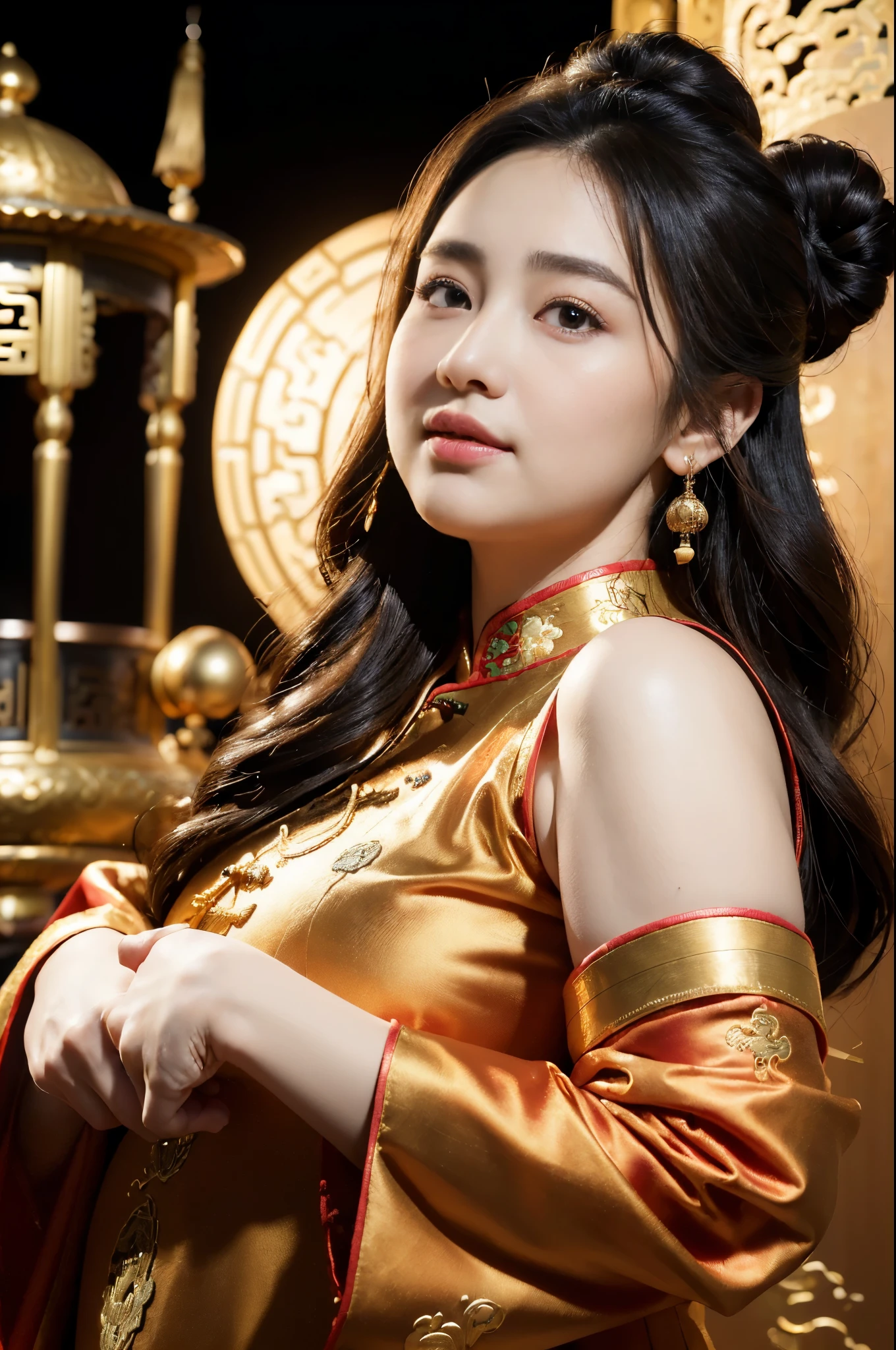((((8k))),((Extremely meticulous CG)) ,(wallpaper),16k,((Extremely refined and beautiful))，(((Masterpiece))),(((best qualtiy))),(((Ultra High Resolution))),beautiful light up,Perfect lightning,realistic shaded,[A high resolution],(Smooth and flawless fair skin:1.5),(pale skin:1.3),Extremely exquisite facial details,(perfect body:1.1),ultra-detailed,(mother and daughter:1.3),(30-year-old woman and 5-year-old girl:1.3),small head,(black hair:1.1),(bun:1.1),(big face:1.5),(round face:1.3),(baby face),(double chin:1.3),Exquisite makeup,(fat:1.5),(plump:1.5),(obese:1.5),(over weight:1.3),(Big belly:1.3),happy,(Smile:1.2),collar,(Exquisite embroidered red cheongsam:1.3),(night scene:1.5),indoor,(In a luxurious Chinese teahouse:1.3),(detailed background:1.5),(standing),(upper body:1.3),(from front:1.3)