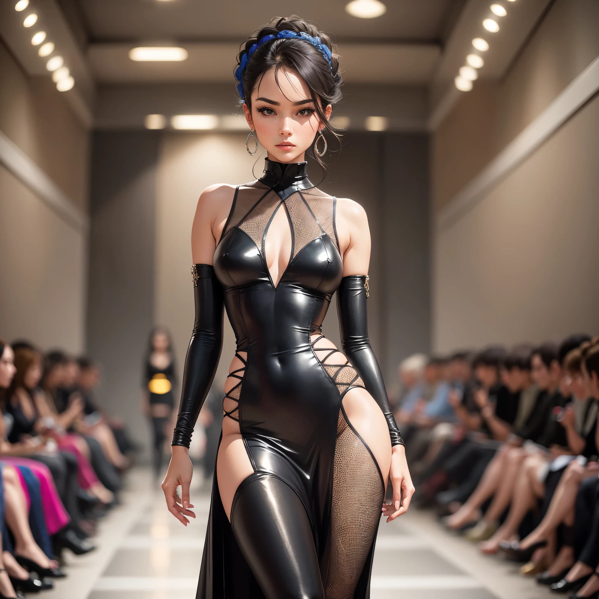 "C:\Users\75186\Desktop\1234.png",Visualize a supermodel in a stunning, high-fashion setting. Imagine her standing confidently on a sleek runway, bathed in the soft, dramatic light of a fashion show. She should be wearing an elegant, avant-garde outfit, showcasing a blend of bold colors and unique textures. Her posture exudes confidence and poise, embodying the essence of a seasoned supermodel. Her expression is one of fierce determination, captivating the audience with a gaze that’s both alluring and assertive. The background should feature an audience of fashion enthusiasts, their attention fixed on her, and photographers capturing the moment. The runway itself is minimalist yet chic, highlighting the model and her attire as the focal points. This scene encapsulates the glamorous and dynamic world of high fashion, where style, beauty, and artistry converge. --auto --s2