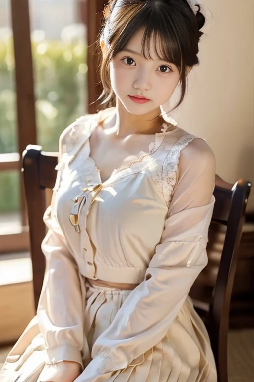 (Top image quality, 8K, ​masterpiece), top-quality, 超A high resolution,Japan Girl, 18year old, loose blouse and spread your legs、 kawaii faces, Melancholy look, double eyelid、middlebreasts、Twin braid hairstyle、Fairytale room、Movie Lighting, Photorealsitic, real looking skin, nffsw, 35 mm, Shot with Leica,