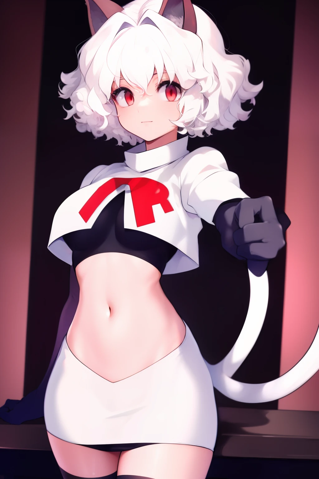 ((masterpiece)), (best quality:1.7), (detailed:1.4), (high res:1.4), 8k, (colorful:1.5), 2d, high resolution, sharped image, 4k, hd, neferpitou_hunterxhunter, 1other, solo, red eyes, white hair, tail, animal ears, curly hair, hair between eyes, medium breasts, androgynous, short hair, cat ears, joints, doll joints,(((cat tail))))), (narrow eyes), ((slim)), long legs, :3, (( character)), team rocket,team rocket uniform,white skirt,red letter R,crop top,black thigh-highs,black elbow gloves