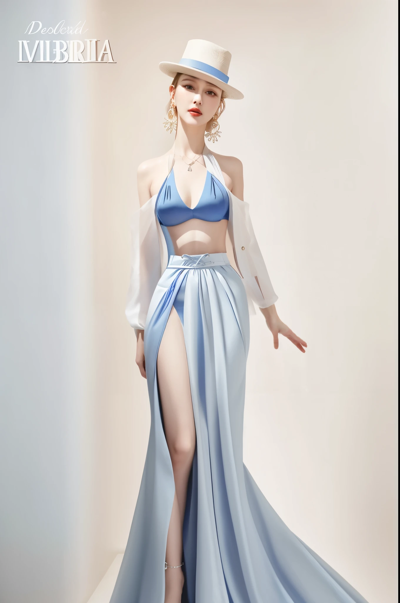 Realistic skirt,Real people turned into real photos,Pictures of wearing skirts、Woman in a hat,Blue earrings,with hat,, clothing design, , Madonna's gender-bending elegance, clothing designn made with love, clothing design, inspired by Antonio Cavallucci, wearing evening gown, clear clothing design, clothing designn, new costume concept design, full body concept