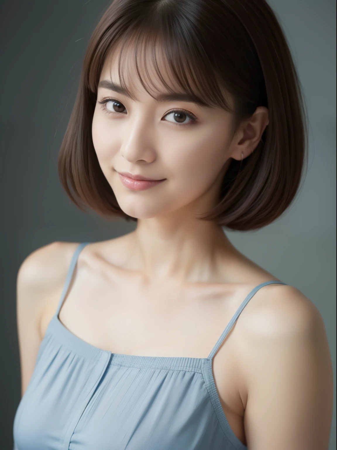 Beautiful 26 year old woman。She wears a tight camisole in light blue-gray satin fabric。Black lace at chest and hem.。kindly smile。Her dark brown hair is、Her hair is straight short bob hair。hight resolution、​masterpiece、top-quality、headw:1.4、((Hasselblad photo))、Fine skin、fine textured knit、(电影灯光)、鎖骨