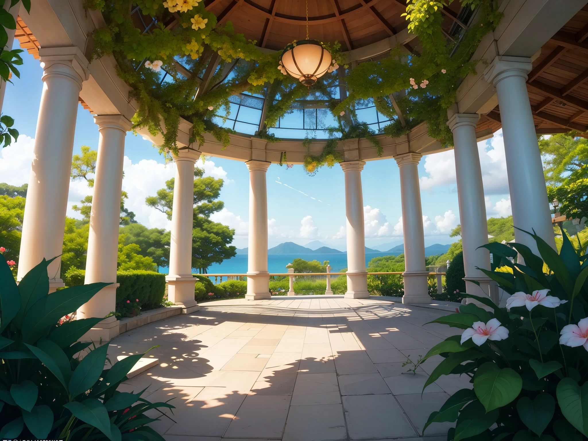 (clarify:1.3), (), A lush greenery, blossoms, rosette, (a plant), 𝓡𝓸𝓶𝓪𝓷𝓽𝓲𝓬, moodiness, the space, As estrelas, Starcloud, Beautiful clouds, themoon, What about the lattice, What about the lattice, tropical garden, gazebo, (フォトリアリスティック:1.5), (Good shadows),good construction,Volumetriclighting,电影灯光,good construction,(highest quality,Award-Awarded,tmasterpiece:1.5),