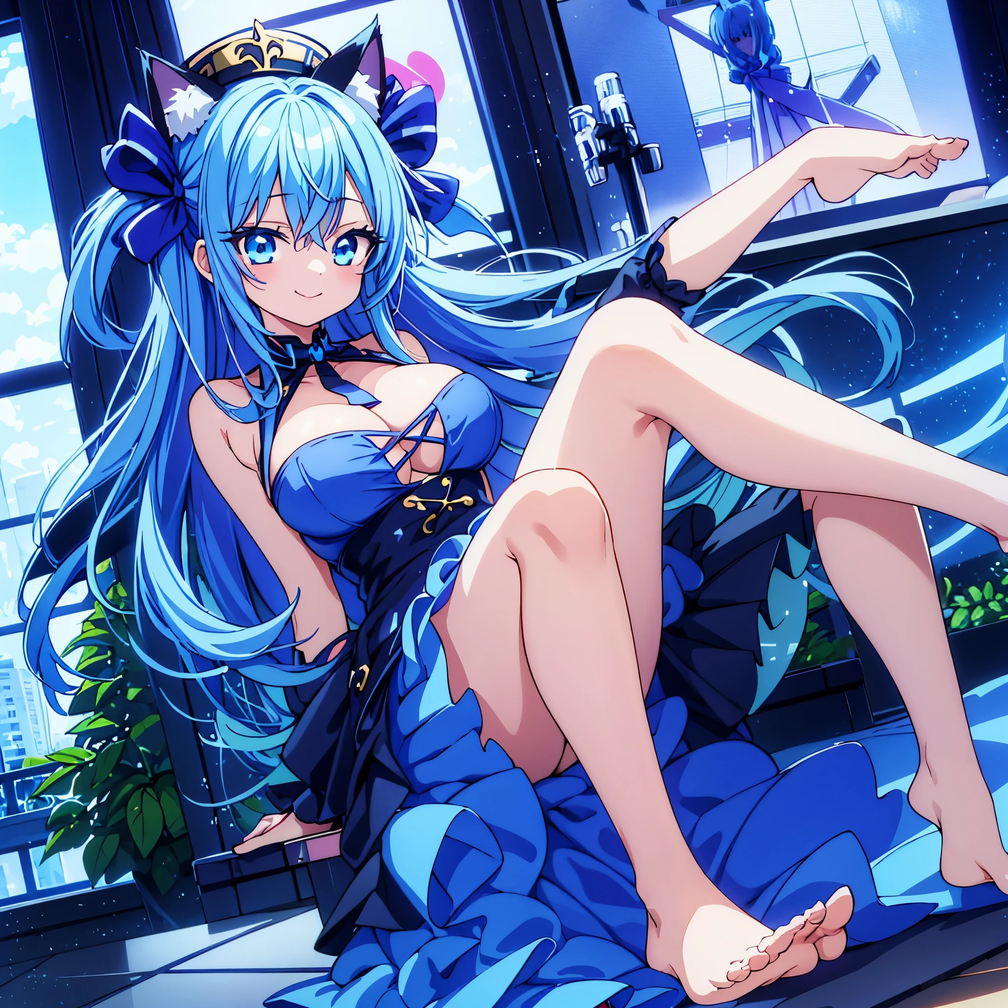 an anime image of a blue haired young girl with blue eyes, 1girl, virtual youtuber, animal ears, solo, blue hair, blue eyes, hat, clothing cutout, smile, cat ears, skirtI, chika Souya, a close up her foot of a naked anime girl, feet, soles, toes, green dress, solo, dress, foot focus, sitting, foreshortening, blue hair, legs, big breasts,