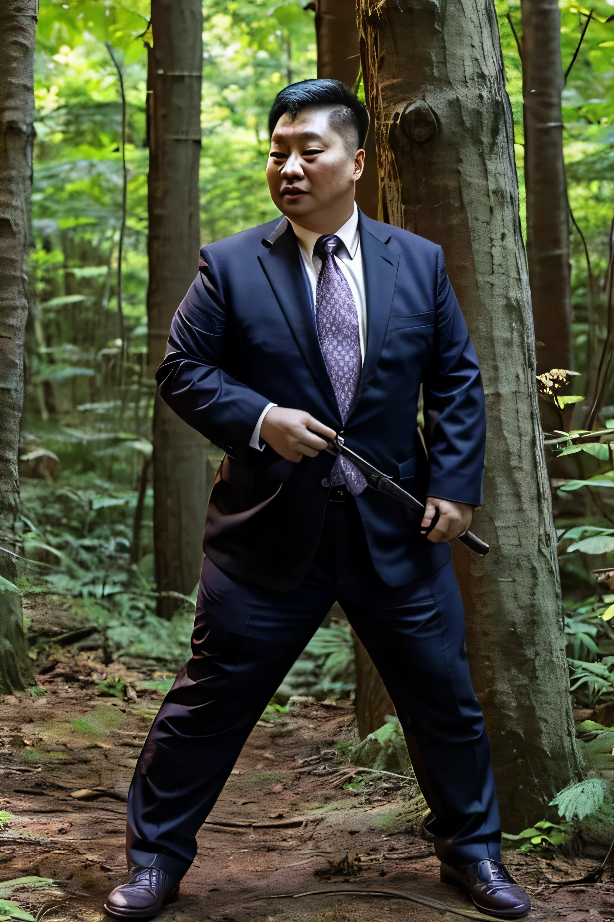 Wear a suit and tie, Chinese obese mature middle-aged man,fighting in the forest