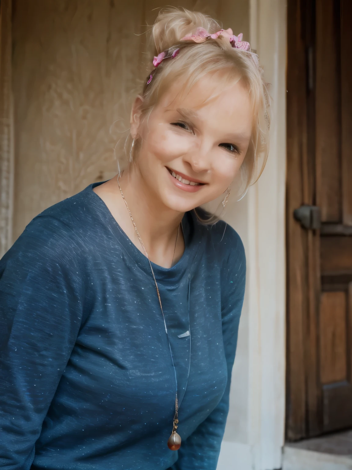 Brazilian blonde white woman, 40 years old, with freckles in her face, midsize, with turquoise eyes, smiling wearing a blue fine wool sweater, dark blue pants, hair in a bun