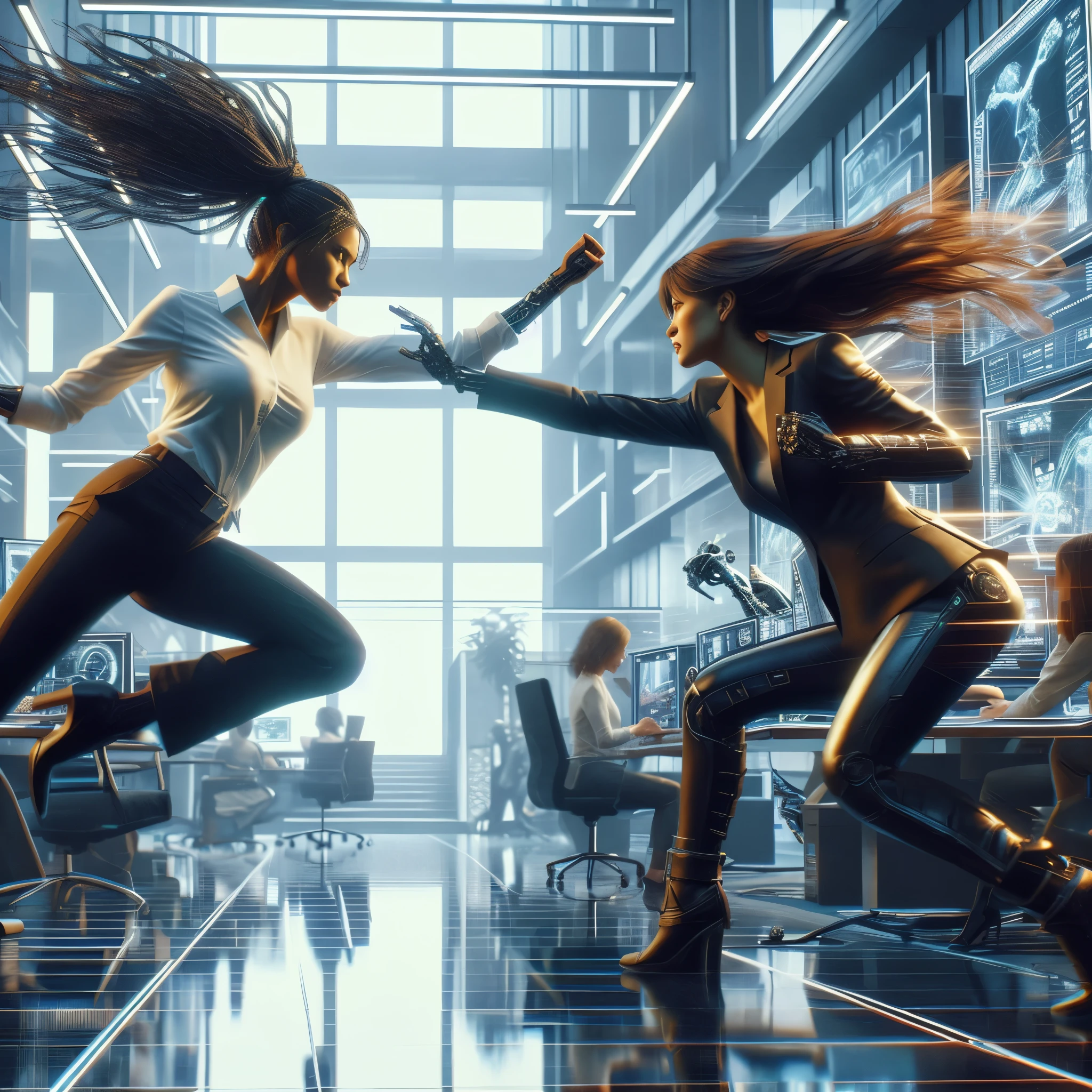 two women in black leathers are running through a room, cyborgs working, cg art, cinematic mid shot fight, cinematic action scene, cyberpunk women, vfx action shot, cinematic cgsociety, action scene screenshot, highly detailed vfx scene, stunning vfx, cinematic 3d render, 3 d render 8 k shoot, future science fiction. game cg, cinematic action shot