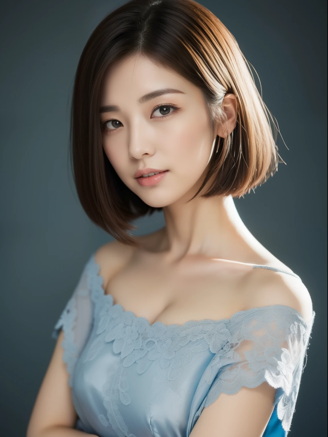 Beautiful 26 year old woman。She wears a tight camisole in light blue-gray satin fabric。Black lace at chest and hem.。kindly smile。Her dark brown hair is、Her hair is straight short bob hair。hight resolution、masterpiece、top-quality、headw:1.4、((Hasselblad photo))、Fine skin、fine textured knit、(电影灯光)、鎖骨