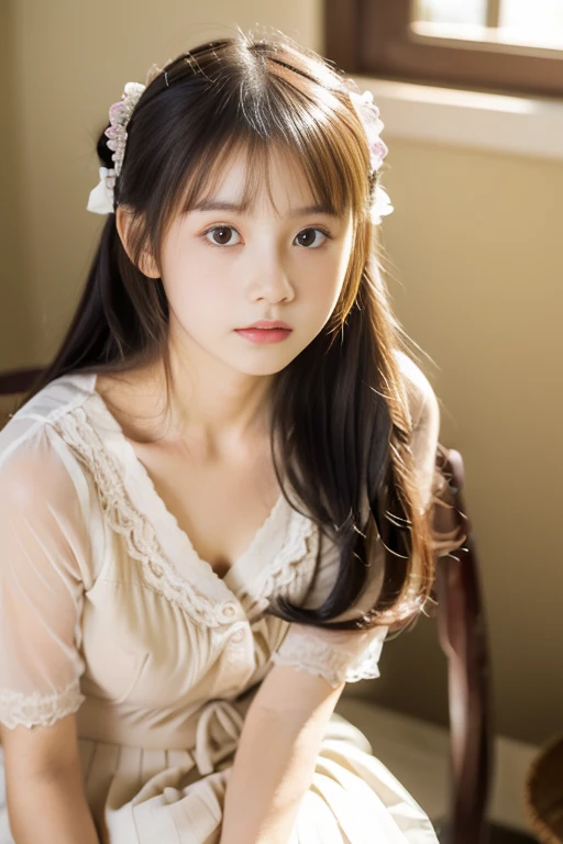 (((masterpiece))), (((cowboy shot,Sitting on a chair)),(One beautiful Japan girl, Innocence,kawaii) ,超A high resolution, Realistic, ultra-detailliert, 8K,top-quality, Extremely detailed, blurry backround,A slender,small tits,very beautiful japanese girl, Detailed face:1.3), (I tie my hair into a bun,A dark-haired :1.4), (a ,kawaii系,adorable 10 year oPerfect body:1.1), (White sheer cardigan,Light brown pleated mini skirt), serious facial expression,A detailed face、Detailed lips、Detailed Big Eyes、small gravure idol,Transparent skin、Lolita,writing a diary in my room,Sitting at a desk,there is a small bed,There are anime posters,Textbooks are lined up on the bookshelf