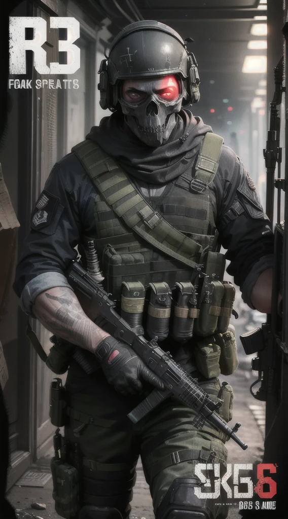 a man in a black uniform holding a rifle and a red light, airsoft cqb, rb6s), special forces, fps shooter game, rb6s, rb 6 s, monochrome and red color bleed, fps game, military photography, hq 4k phone wallpaper, french special ops, game promotional poster, warzone background, helghast, airsoft close quarter combat, gh0st, skull mask